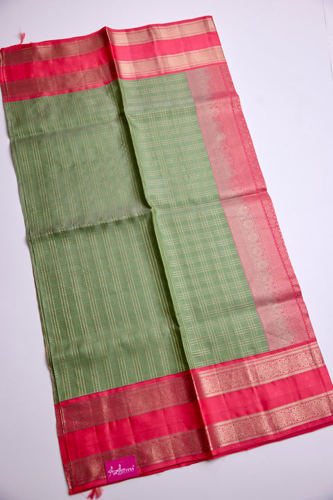 Pista Green with Coral Red Zari Border Kanchipattu Saree