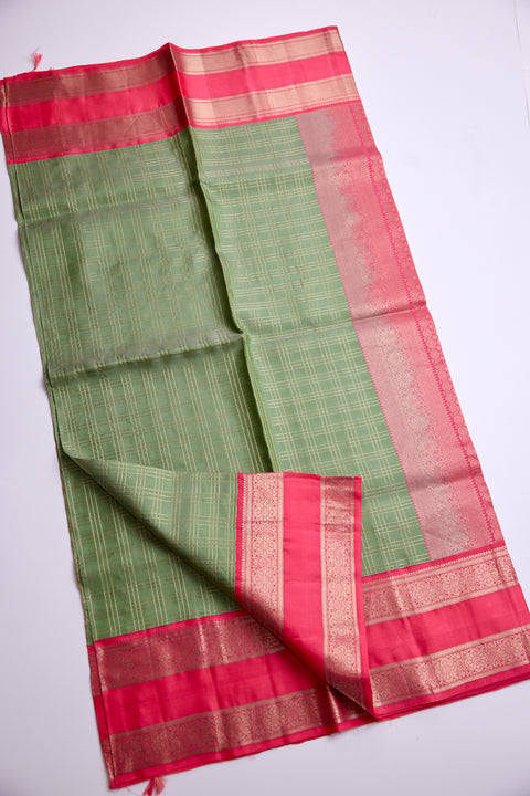 Pista Green with Coral Red Zari Border Kanchipattu Saree
