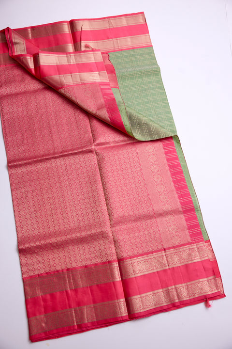 Pista Green with Coral Red Zari Border Kanchipattu Saree