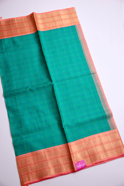 Green with Peach and Gold Zari Border Kanchipattu Saree