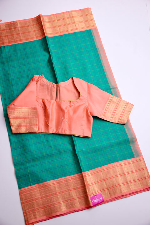 Green with Peach and Gold Zari Border Kanchipattu Saree