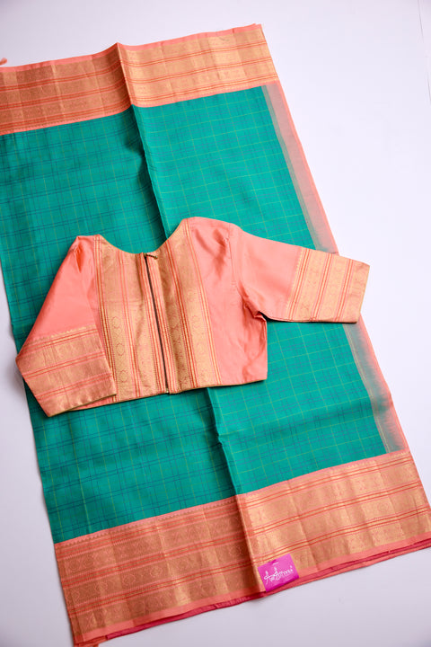 Green with Peach and Gold Zari Border Kanchipattu Saree