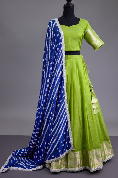 Green and Blue Mangalgiri Half Saree