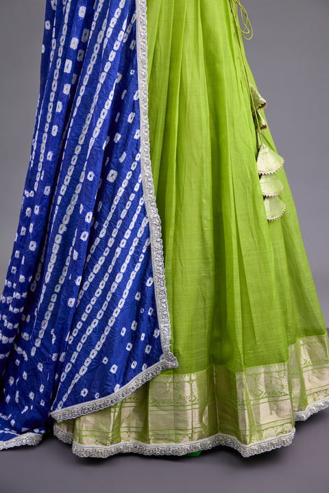 Green and Blue Mangalgiri Half Saree