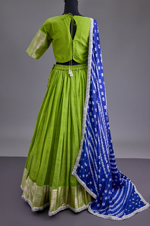 Green and Blue Mangalgiri Half Saree