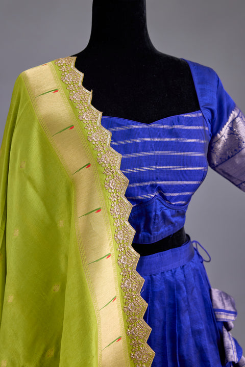 Blue and Green Mangalgiri Half Saree