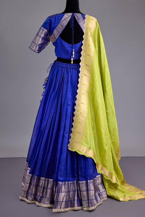 Blue and Green Mangalgiri Half Saree