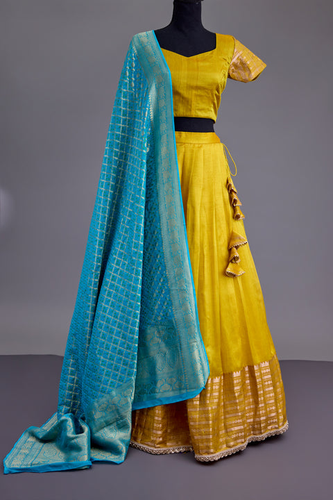 Yellow and Blue Mangalgiri Half Saree