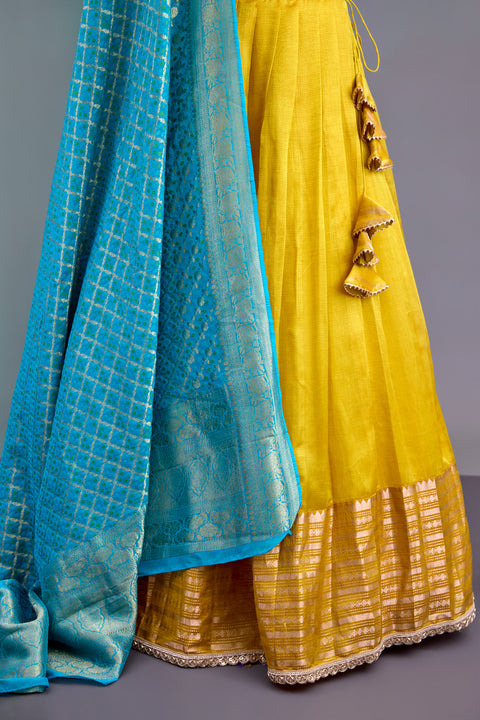 Yellow and Blue Mangalgiri Half Saree
