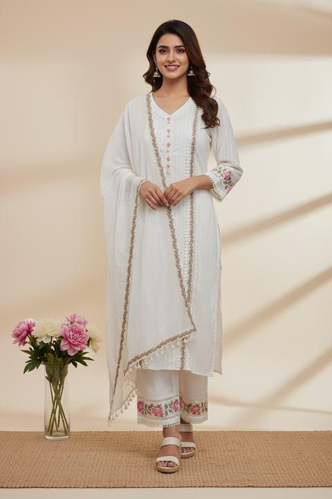 White Kurta, Pants and Dupatta set in Cotton