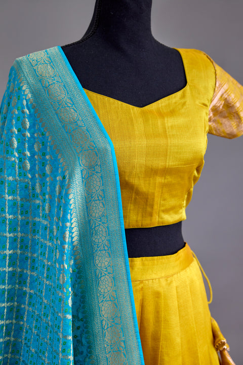 Yellow and Blue Mangalgiri Half Saree