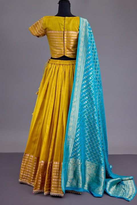 Yellow and Blue Mangalgiri Half Saree