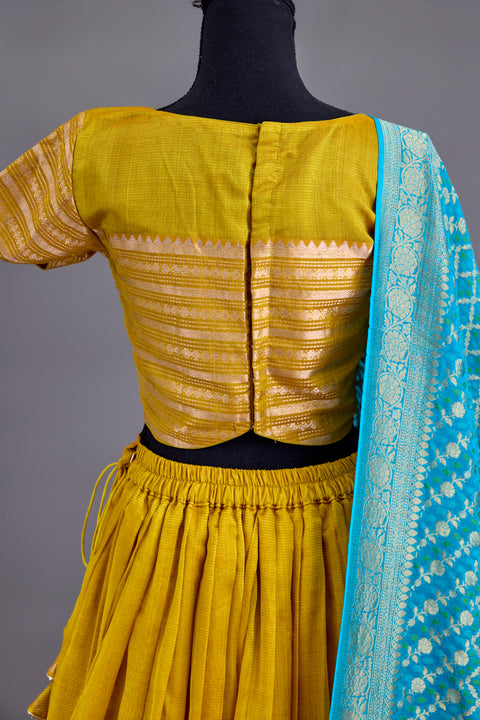 Yellow and Blue Mangalgiri Half Saree
