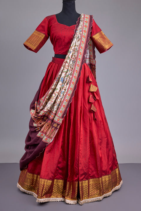 Ruby Red Mangalgiri Half Saree with Kalamkari dupatta