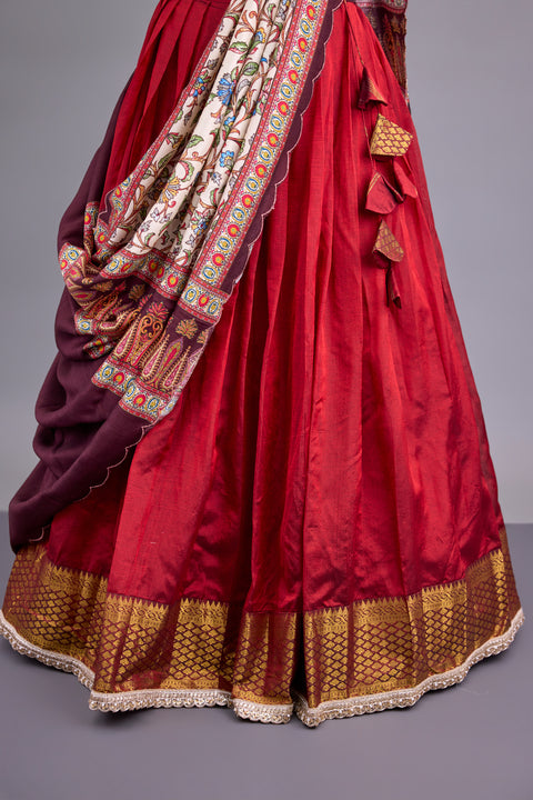 Ruby Red Mangalgiri Half Saree with Kalamkari dupatta