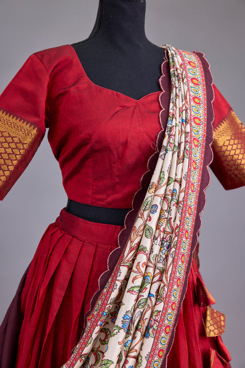 Ruby Red Mangalgiri Half Saree with Kalamkari dupatta
