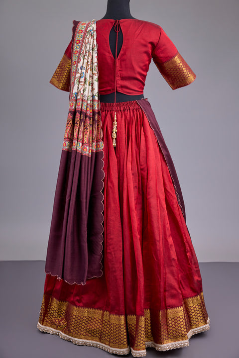 Ruby Red Mangalgiri Half Saree with Kalamkari dupatta