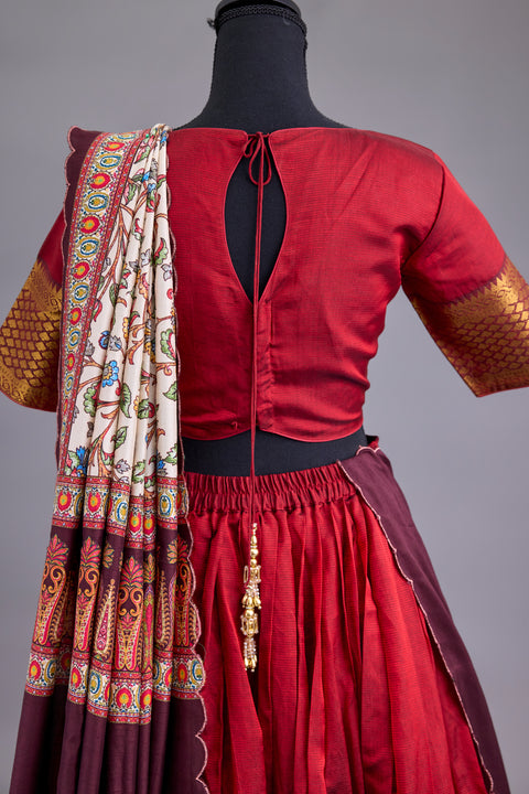 Ruby Red Mangalgiri Half Saree with Kalamkari dupatta