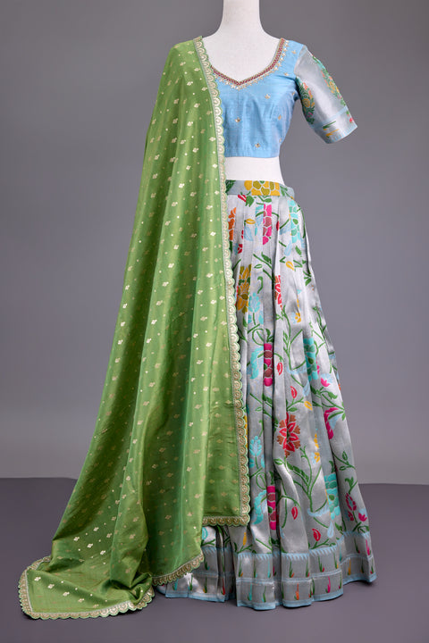 Pastel Blue and Sage Green Paithani Half Saree