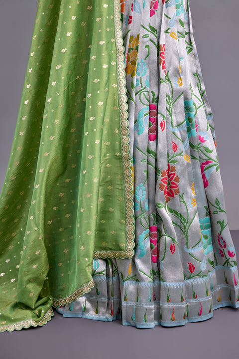 Pastel Blue and Sage Green Paithani Half Saree