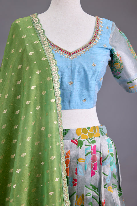 Pastel Blue and Sage Green Paithani Half Saree