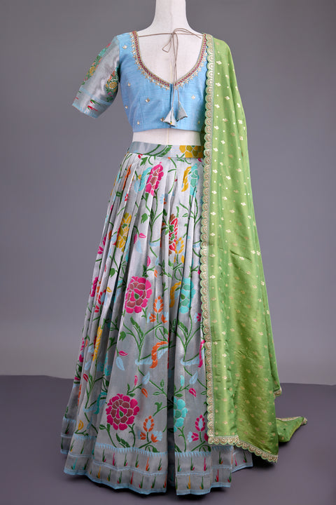 Pastel Blue and Sage Green Paithani Half Saree