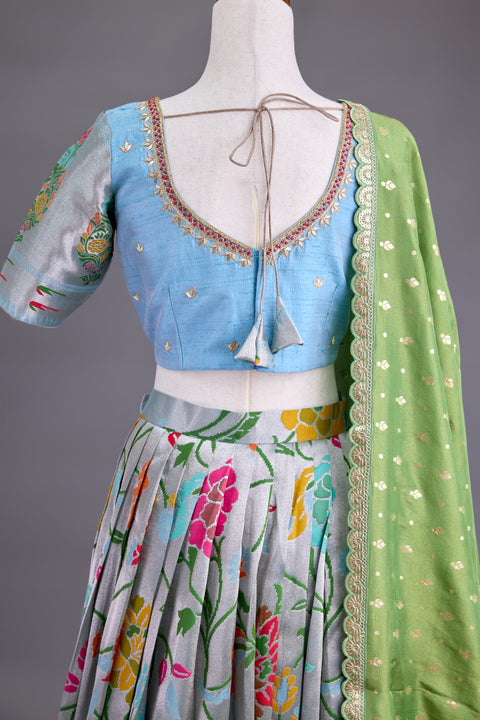 Pastel Blue and Sage Green Paithani Half Saree