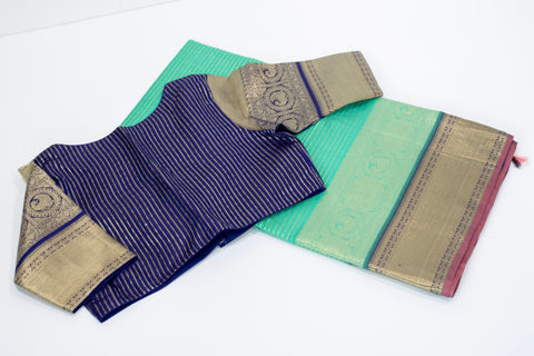 Royal Teal Green with Gold Zari and Navy Blue Blouse Kanchipattu Saree
