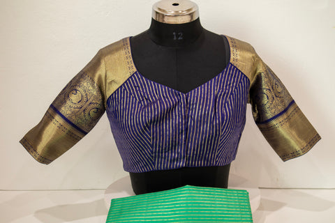 Royal Teal Green with Gold Zari and Navy Blue Blouse Kanchipattu Saree