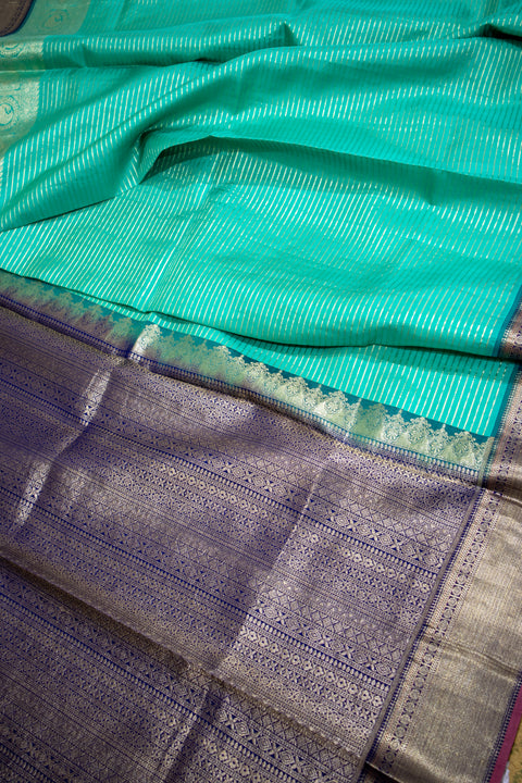 Royal Teal Green with Gold Zari and Navy Blue Blouse Kanchipattu Saree