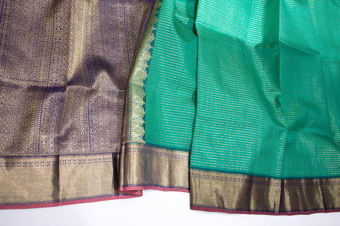 Royal Teal Green with Gold Zari and Navy Blue Blouse Kanchipattu Saree