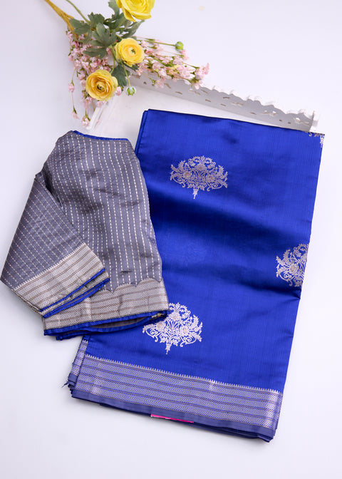 Royal Blue with Silver Zari Border Banaras Kathan Saree with Brocade Blouse