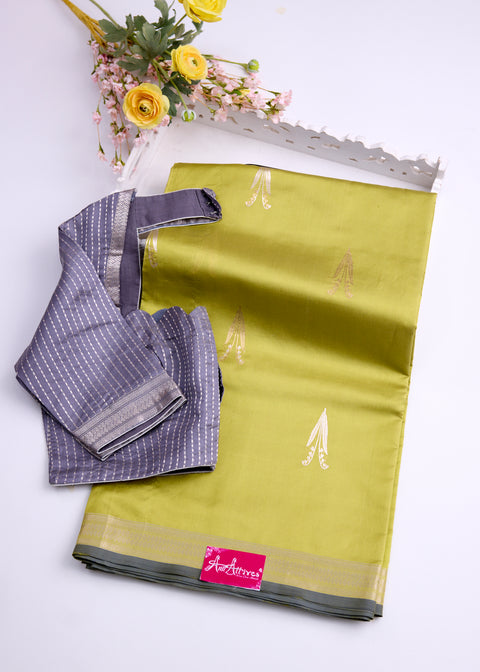Chartreuse Chiniya Silk Saree with Zari Floral Motifs