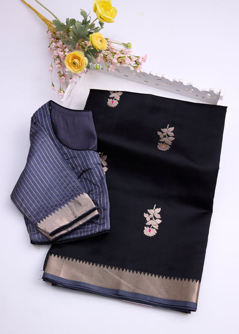 Black with Zari Border Banaras Kathan Saree with Brocade Blouse