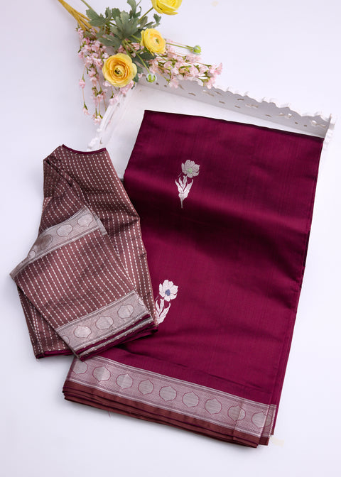 Maroon with Zari Border Banaras Kathan Saree with Brocade Blouse