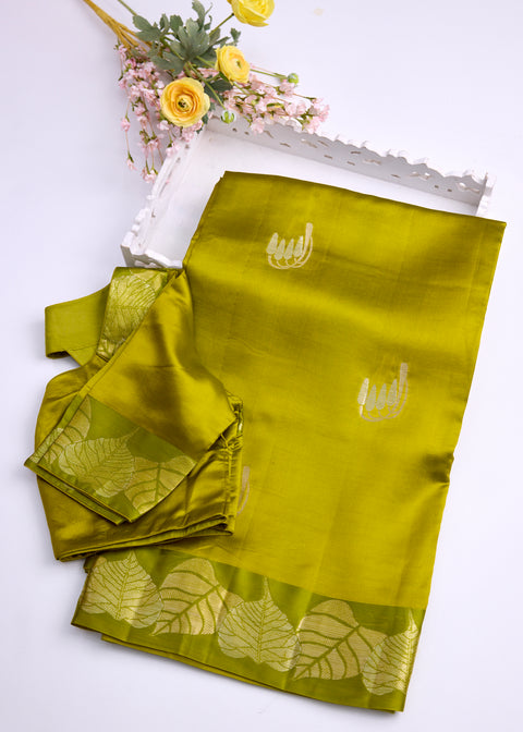 Olive Green Chiniya Silk Saree with Zari Floral Motifs