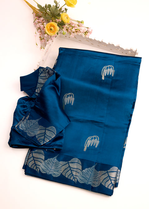 Blue Chiniya Silk Saree with Zari Floral Motifs