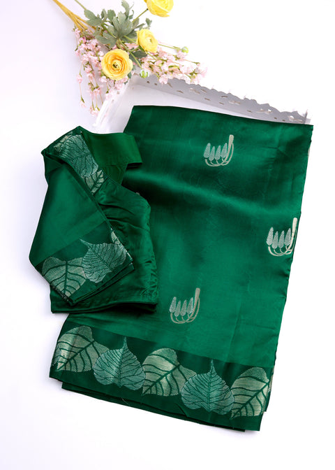 Emerald Green Chiniya Silk Saree with Zari Floral Motifs