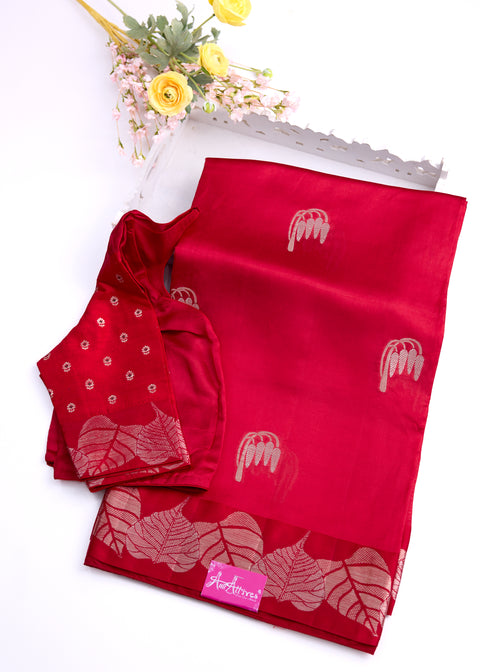 Red Chiniya Silk Saree with Zari Floral Motifs