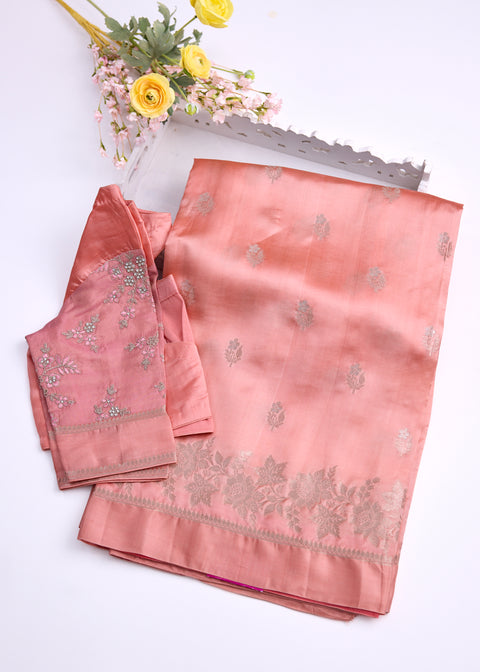 Peach Chiniya Silk Saree with Zari Floral Motifs