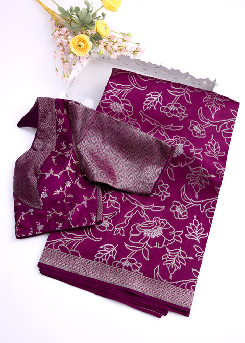 Wine with Silver Zari Border Banaras Kathan Saree with Blouse