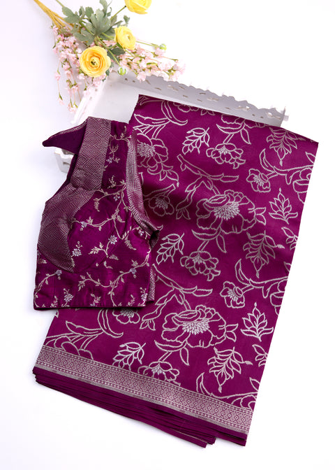 Wine with Silver Zari Border Banaras Kathan Saree with Blouse