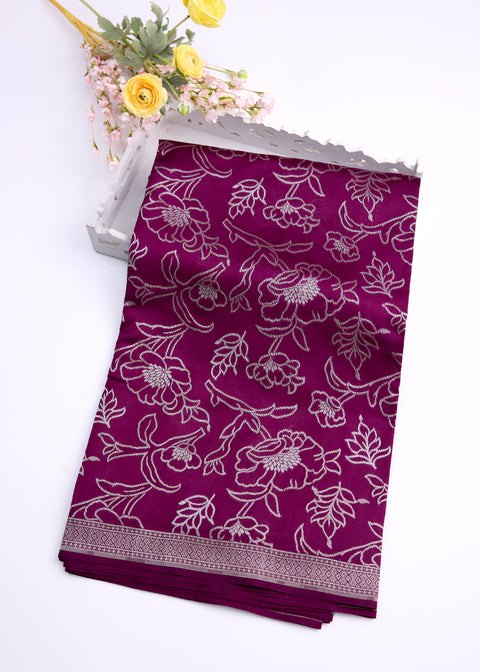 Wine with Silver Zari Border Banaras Kathan Saree with Blouse