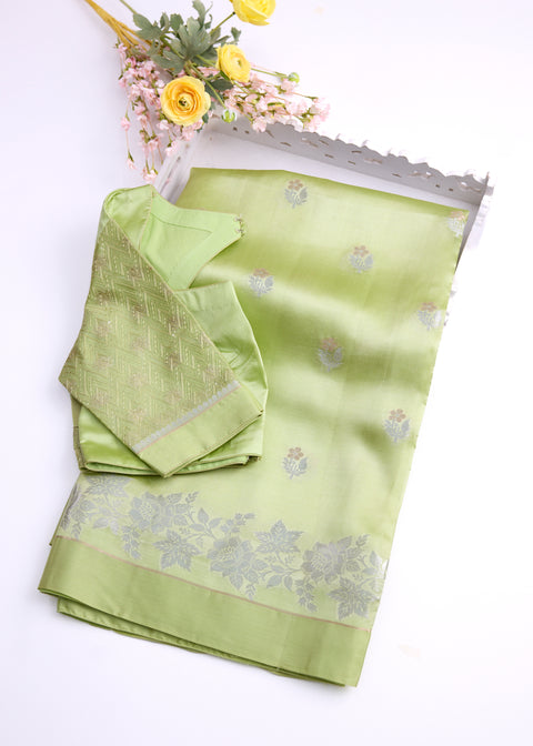 Parrot Green Chiniya Silk Saree with Zari Floral Motifs