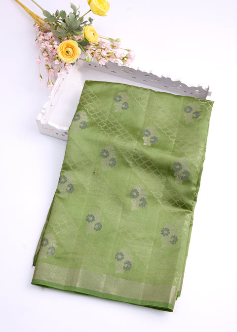 Green and Peach Chiniya Silk Saree with Zari Floral Motifs