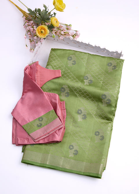 Green and Peach Chiniya Silk Saree with Zari Floral Motifs