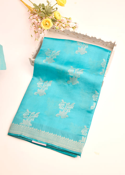 Icy Blue with Silver Zari Border Banaras Kathan Saree with Blouse
