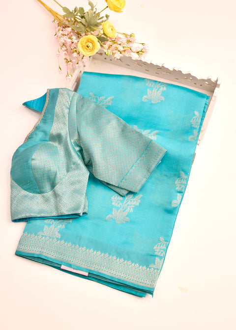 Icy Blue with Silver Zari Border Banaras Kathan Saree with Blouse