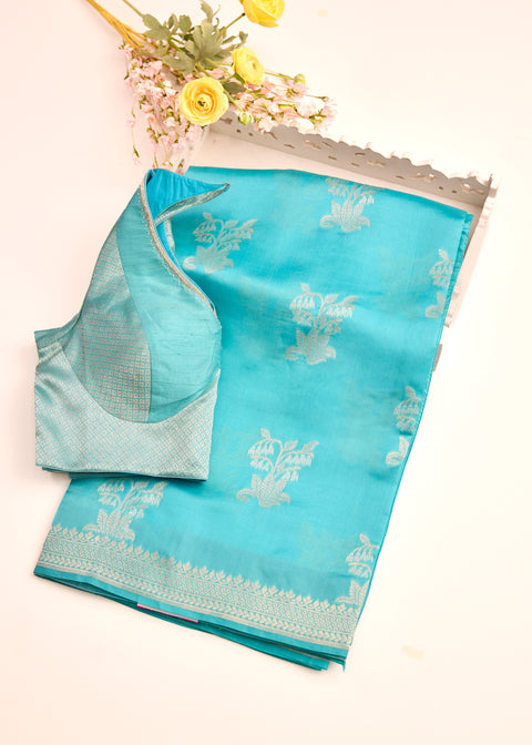 Icy Blue with Silver Zari Border Banaras Kathan Saree with Blouse
