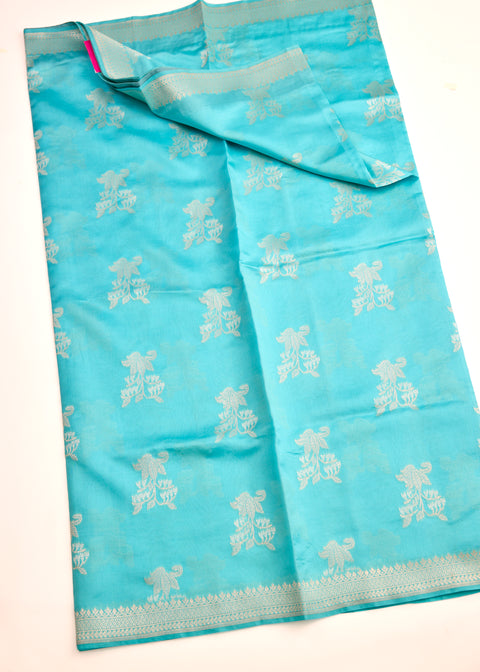Icy Blue with Silver Zari Border Banaras Kathan Saree with Blouse